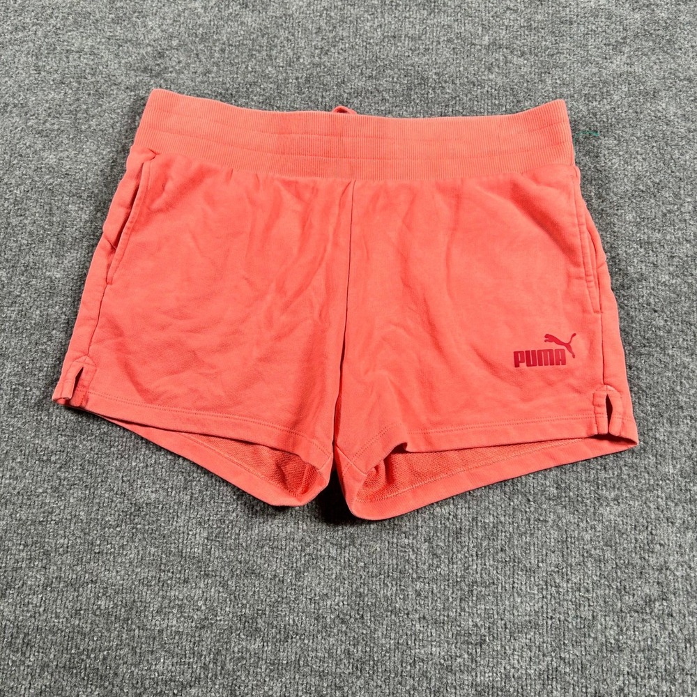 Puma Shorts Womens Size M Coral Orange French Terry Athletic Loungewear Pockets